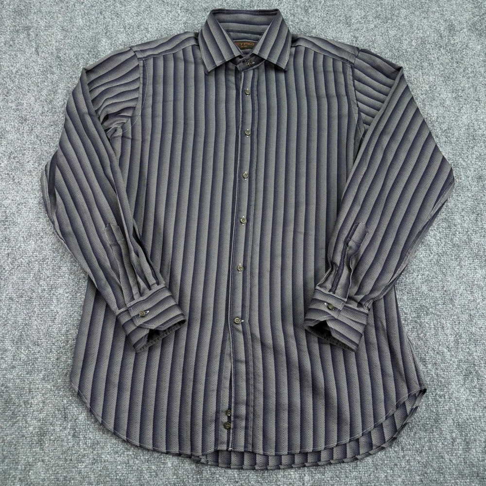 Etro Milano Dress Shirt Mens 41 Large Purple Grey Striped Herringbone Slim Italy